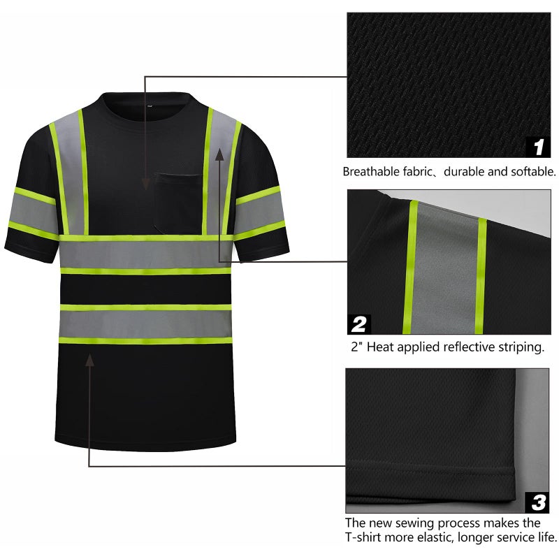 DPSAFETY High Visibility Class 3 T Shirts,Hi Vis Safety Shirts with Reflective Strips and Pocket, Long Sleeve Quick Dry Mesh Construction Work Shirt for Men/Women Black Bottom Orange,Large - Image 2
